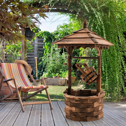 Dreamade Rustic Wishing Well Fountain, Outdoor Wooden Water Fountain with Electric Pump