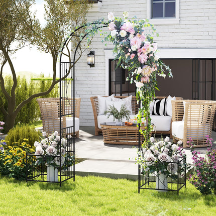 Dreamade Garden Arch Trellis with Planters, 86'' Metal Arbor Pergola for Climbing Plants Rose Clematis Vines