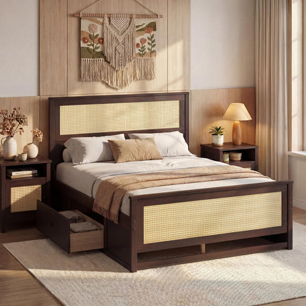 Dreamade Full/Twin Size Rattan Bed Frame with 2 Storage Drawers