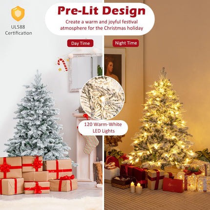 Dreamade Pre-Lit Snow Flocked Christmas Tree, Artificial Hinged Xmas Tree with Branch Tips, PE & PVC Mixed Leaves