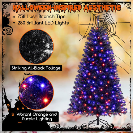 Dreamade 6/7/8 FT Pre-Lit Black Halloween Tree, Artificial Hinged Christmas Tree with 280/380/500 Orange & Purple LED Lights