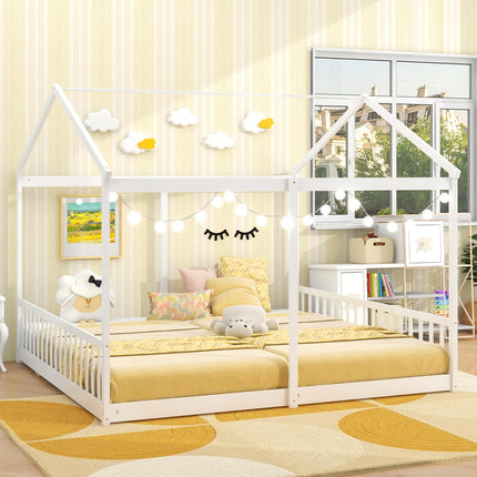Dreamade Double Twin Floor Beds for 2 Kids, Wood Twin Size House Beds with Safety Guardrails, White