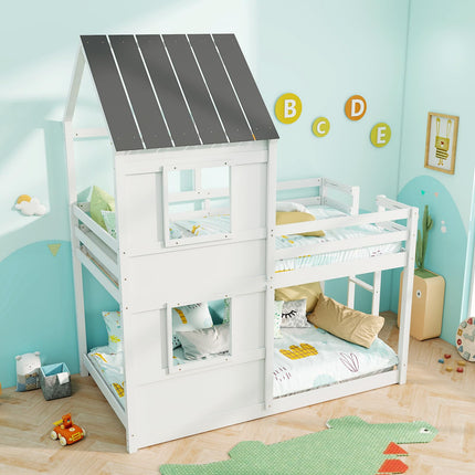 Dreamade House Bunk Bed Twin Over Twin, Solid Wood Floor Bunk Bed with Built in Ladder, Window & Safety Guardrail