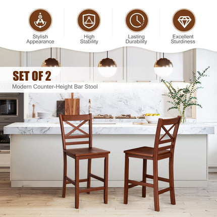 Dreamade 25'' Antique Kitchen Counter Height Chairs with Wooden X-Shaped Backrest & Rubber Wood Legs