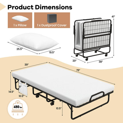 Dreamade Folding Bed with Mattress and Pillow, Twin Size Portable Guest Bed w/Metal Frame