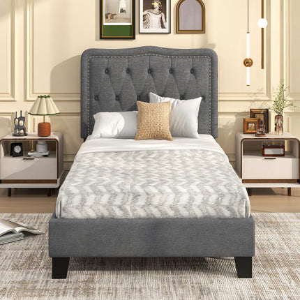 Dreamade Twin Size Bed Frame, Modern Linen Upholstered Platform Bed w/ 46" Tall Button Tufted Headboard