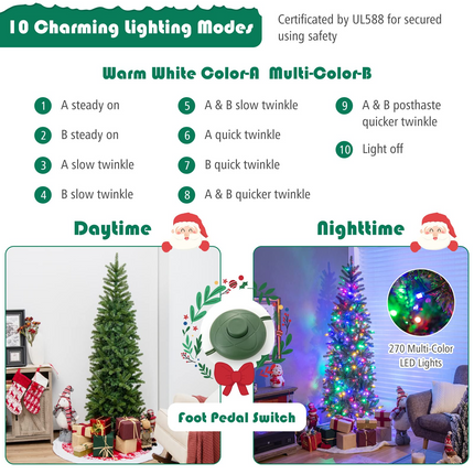 Dreamade 6ft / 7ft Pre-Lit Pencil Christmas Tree, Hinged Artificial Slim Tree with 648 PVC PE Branch Tips - DreamadeUS