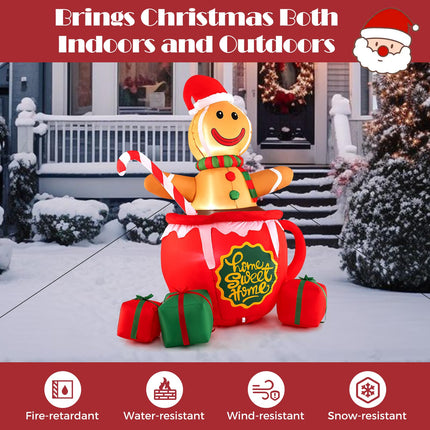 Dreamade 7 Ft Christmas Inflatable, Blow up Pre-Lit Gingerbread Man in Mug with Gift Boxes & Candy Cane
