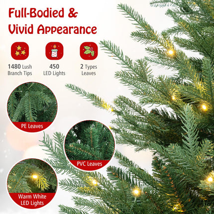 Dreamade 8ft Pre-lit Artificial Christmas Tree with 450 Warm White LED Lights, 1480 Branch Tips