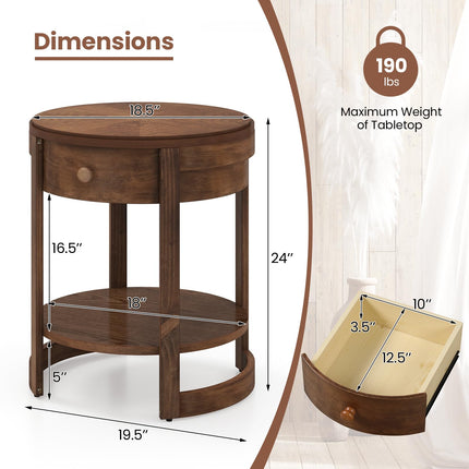 Dreamade Round Side Tables Set of 1/2 | 2-Tier Retro End Tables with Drawer & Shelf