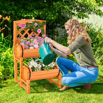 Dreamade Raised Garden Bed with 2 Barrel Planters & Trellis, 2-Tier Freestanding Wooden Raised Bed for Vegetable Flower Fruit