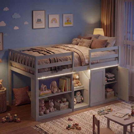 Dreamade Low Loft Bed Twin Size with LED Lights, Wooden Bed Frame
