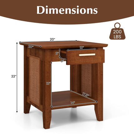 Dreamade Rattan Nightstand with Drawer, Mid Century End Table with Storage Shelf, Sofa Side Table with Solid Rubber Wood Legs