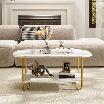 Dreamade 2 Tier Coffee Table with Storage Modern Faux Marble Center Table