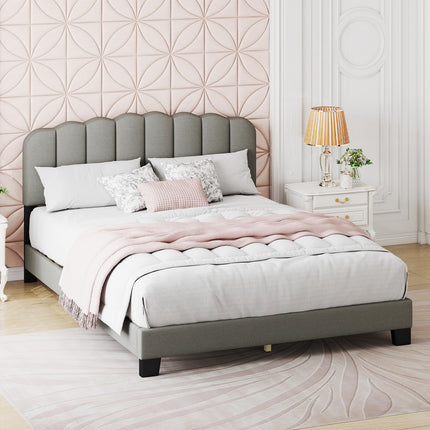 Dreamade Queen Bed Frame Linen Upholstered Platform Bed with Adjustable Scalloped Tufted Headboard