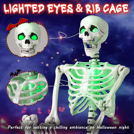 Dreamade 63" Life-Size Posable Skeleton with Green LED Lights Halloween Lighted Skeleton Decoration