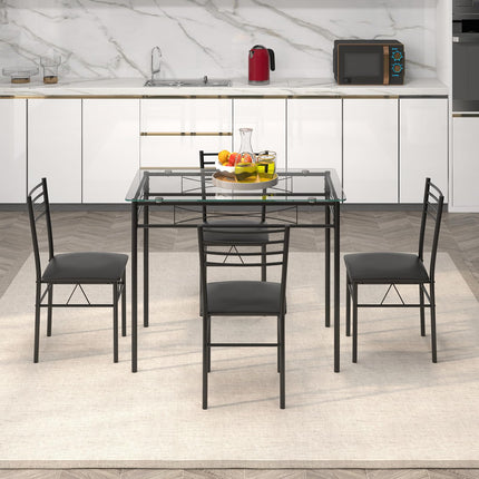 Dreamade 5 Piece Dining Table Set, Kitchen Dining Set with Tempered Glass Table Top and 4 Upholstered Chairs (Black)