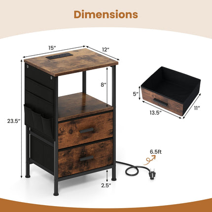 Dreamade Night Stand with Charging Station | LED Sofa End Table w/2 Folding Fabric Drawers