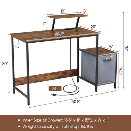 Dreamade Computer Desk with Drawer and Power Outlet, Home Office Desk with Reversible Storage Drawer