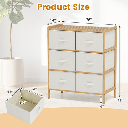 Dreamade White Dresser for Bedroom Bamboo 6 Fabric Drawers Storage Tower with Top Shelf