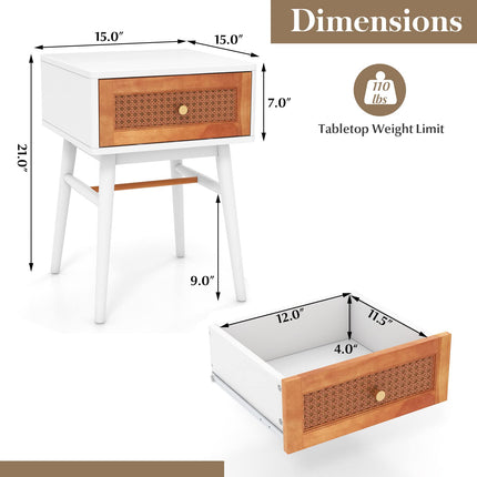 Dreamade Rattan Nightstand, Boho End Side Table with Rattan Decorated Storage Drawer & Solid Wood Legs