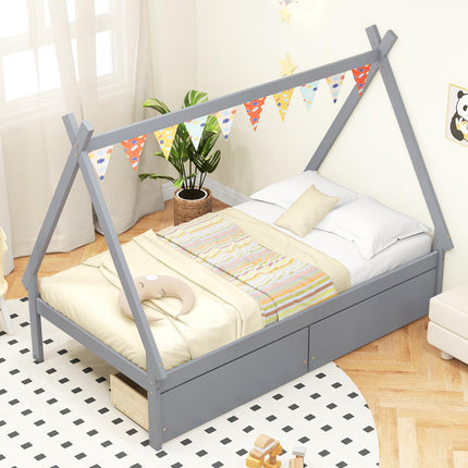 Dreamade Twin Bed Frame with 2 Storage Drawers, Wood House Tent Platform Bed Frame with Triangle Structure