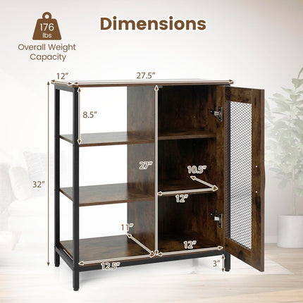 Dreamade Industrial Side Cabinet with Metal Mesh Door and 3 Open Shelves