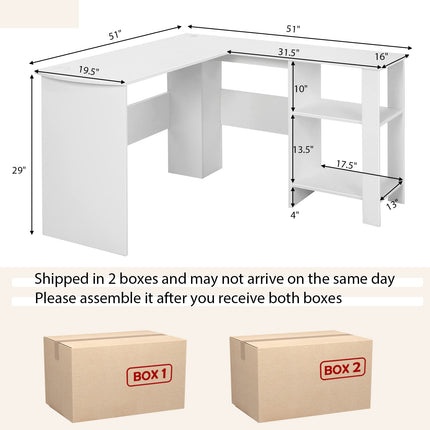 Dreamade L Shaped Computer Desk, 51" Large Corner Desk with 2 Cable Holes & 2 Storage Shelves, White