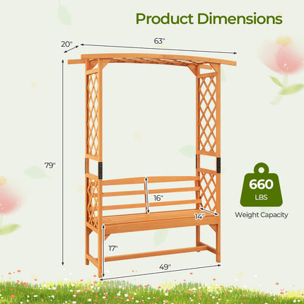 Dreamade Garden Arch Trellis with Bench - 63''W x 79''H Wooden Arbor with 2-Person Outdoor Bench