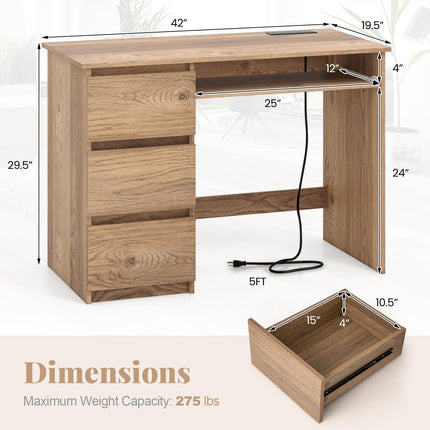 Dreamade Computer Desk with Power Outlet, Modern Office Desk with Keyboard Tray & 3 Large Drawers