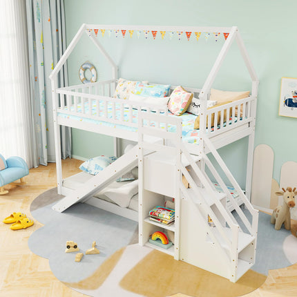 Dreamade House Bunk Bed Twin Over Twin with Slide and Stairs