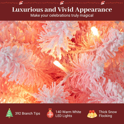 Dreamade 6ft / 7ft Pink Slim Pencil Christmas Tree | Pre-lit Snow Flocked Artificial Skinny Xmas Tree