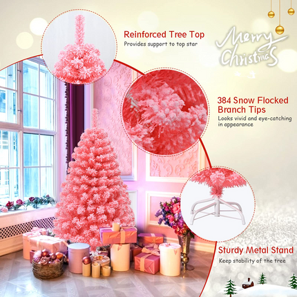 Dreamade 4.5ft Pink Artificial Christmas Tree, Unlit Hinged Snow Flocked Xmas Tree w/ 348 PVC Branch Tips & Metal Stand - DreamadeUS