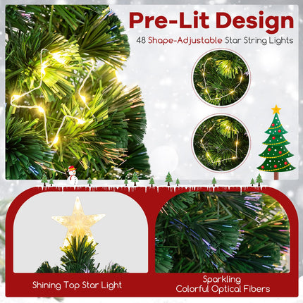 Dreamade 7ft Pre-Lit Fiber Optic Christmas Tree, Artificial Lighted Xmas Tree with 48 Warm-White Shape-Adjustable Star String Lights