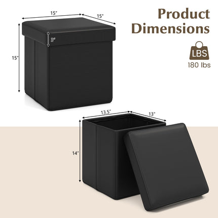 Dreamade Cube Storage Ottoman - 15 Inches Folding Ottoman Storage Chest, PVC Leather, Upholstered Footrest