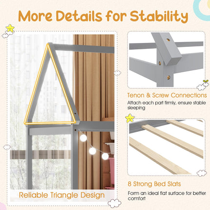 Dreamade Twin House Bed, Wood Montessori Bed Frame with House Roof Canopy