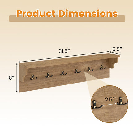 Dreamade Wall-Mounted Storage Shelf | 31.5" Wooden Hanging Coat Rack with 6 Hooks