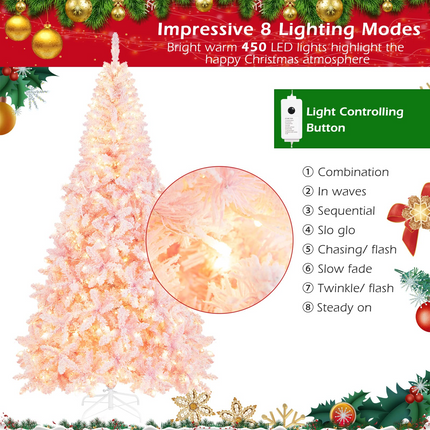 Dreamade 7.5ft Pink Pre-Lit Christmas Tree, Hinged Artificial Snow Flocked Xmas Tree with 1100 PVC Branch Tips, 450 LED Lights - DreamadeUS