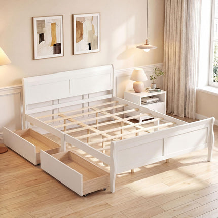 Dreamade Twin/ Full/ Queen Bed with 2 Storage Drawers Wood Platform Bed with Headboard & Footboard