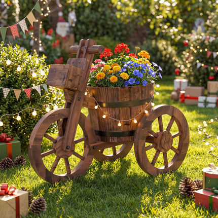 Dreamade Wooden Wagon Planter with Wheels for Patio Backyard Balcony