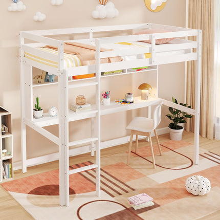 Dreamade Solid Wood Twin Loft Bed with Desk and Bookcase