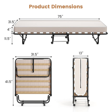 Dreamade Folding Bed with Mattress - Single Cot Foldable Bed with 4" Mattress for Adults