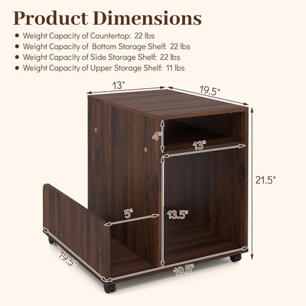 Dreamade 3-Tier Rolling End Table w/Magazine Rack & Open Storage Shelves (1/2)