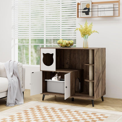 Dreamade Cat Litter Box Enclosure - Wooden Cat House Washroom Hidden Furniture with Cat Tree