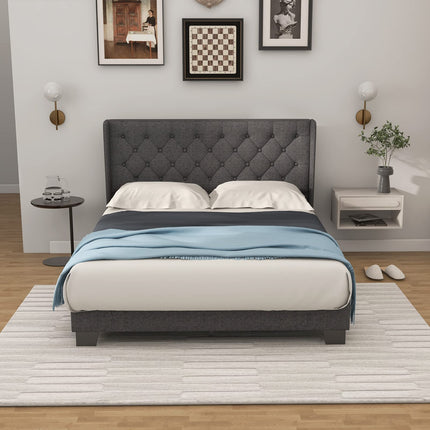 Dreamade Queen/Full/Twin Size Bed Frame with Button Tufted Headboard, Modern Fabric Upholstered Platform Bed with Wingback Design, Grey