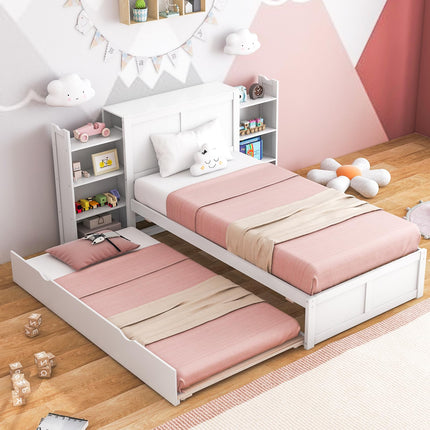 Dreamade Full Bed Frame with Twin Trundle, Wooden Bed Wooden Bed Frame with 2 Rolling Bookcases & High Headboard