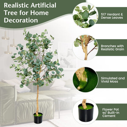 Dreamade 5.5ft Artificial Eucalyptus Tree, Tall Faux Eucalyptus Stems Fake Plants in Pot with 517 Silver Dollar Leaves