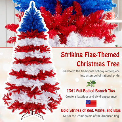 Dreamade 7.5 FT Pre-Lit Patriotic Artificial Christmas Tree, Flag-Themed Hinged Xmas Tree with 480 Warm White LED Lights