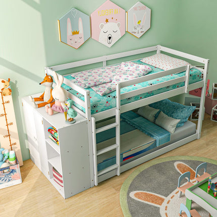 Dreamade Twin Over Twin Bunk Bed with Storage Shelves, Solid Wood Bunk Bed Frame with Convertible Bookcase & Ladder, White