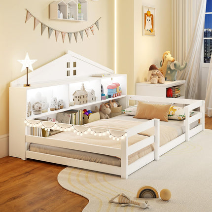 Dreamade Montessori Floor Bed with LED Lights 2-in-1 Wooden House Bed Frame with Safety Guardrails